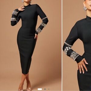 Elegant Black Dress with Embellished Sleeves
